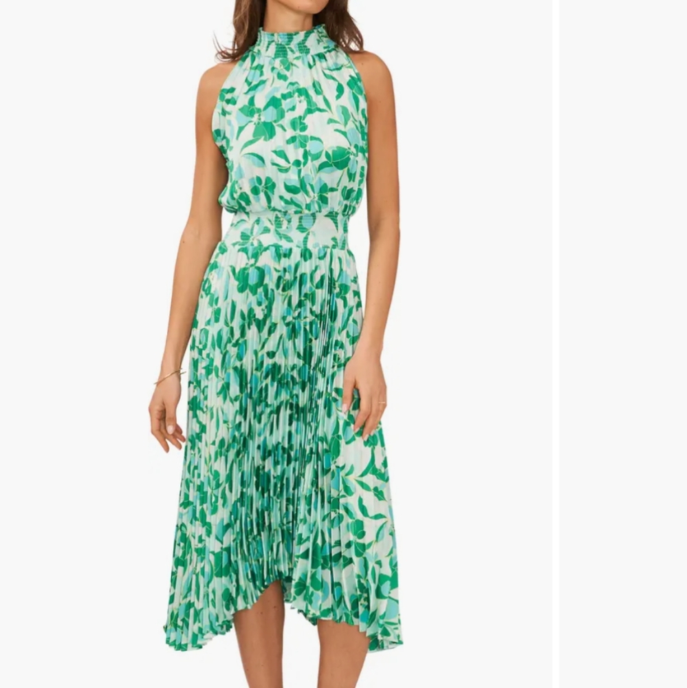 Halogen Floral Pleated Sharkbite Hem Midi Dress